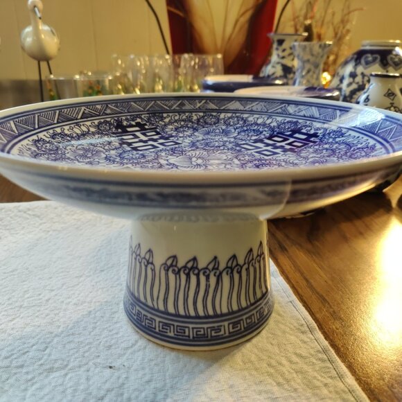 Rep Of China Blu/Whi Double Happiness Porcelain Tazza Offering Plate+Orig Label - Picture 1 of 13